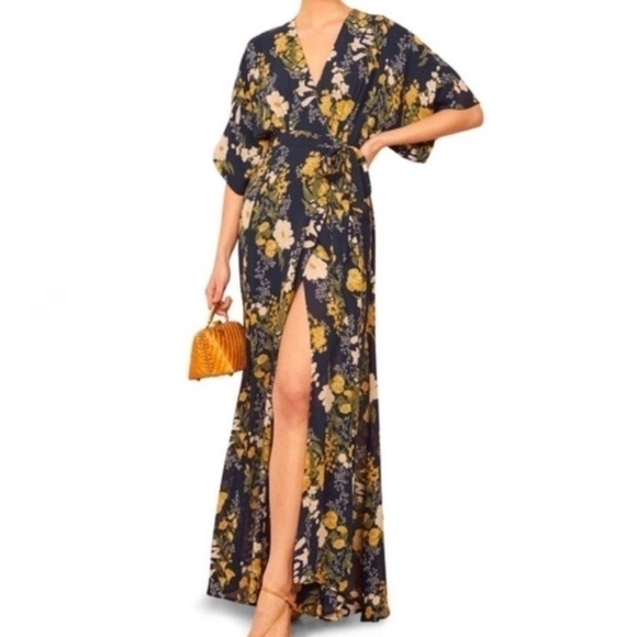 Reformation Navy Winslow Floral Kimono Maxi Wrap Dress L - Picture 2 of 11